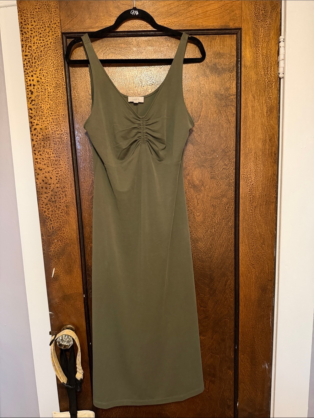 LOFT Olive Green Sleeveless Ruched Front Midi Dress - Picture 2 of 4